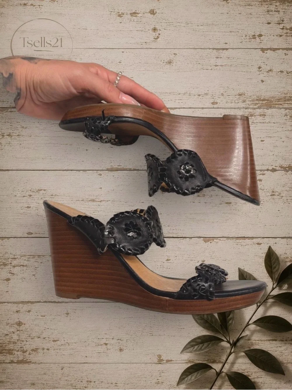 Jack Rogers Black Leather Medallion Wedge Sandals - Size 6.5
